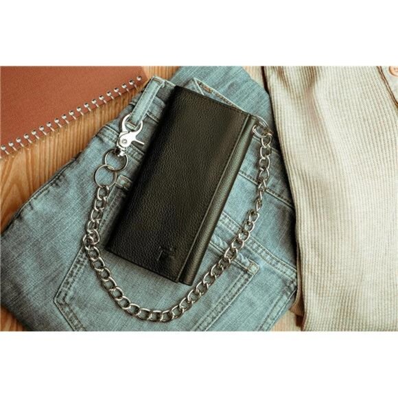 Long Trifold Chain Wallet for Men, Leather Checkbook Cover, RFID Blocking chain - Picture 3 of 8
